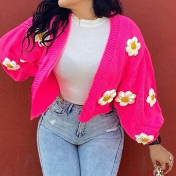 MODA ME COUTURE Sweaters - Hot Pink Floral Bishop Sleeved Sweater Cardigan